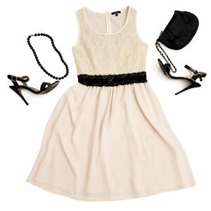 Manteau Ivory & Black Lace Cocktail Dress 🤍🖤 Knit Bodice Party Dress Medium M